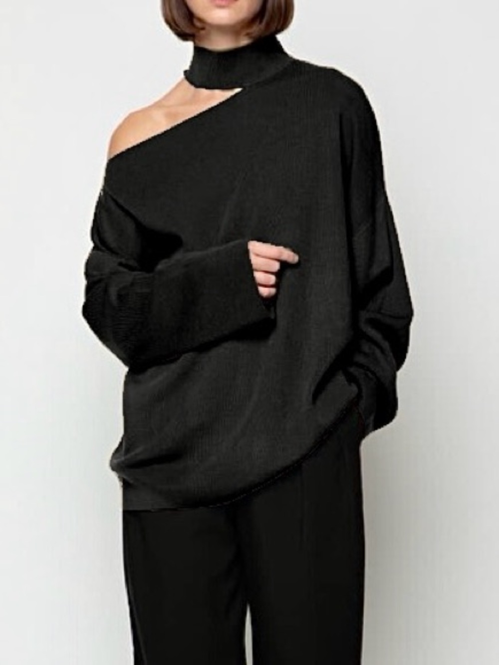 Oak + Fort Black Cold Shoulder Asymmetric Cutout Oversized Turtleneck Sweater
